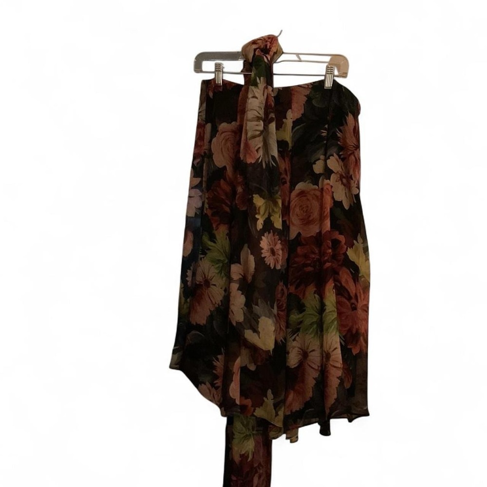 Carlisle Black and Silk floral midi skirt with asymmetrical hem and scarf